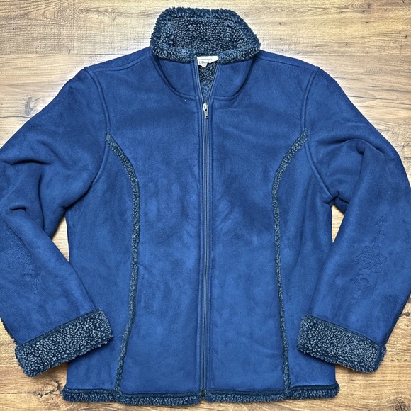 L.L. Bean O BCU1 Women's Medium Blue Faux Suede Sherpa Zip Up Jacket Embroidered - Picture 1 of 7